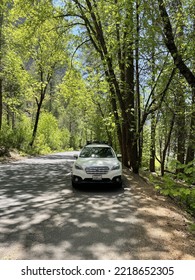 Yosemite National Park, CA USA - October 25, 2022: Offroad Adventure Subaru In Middle Of Yosemite Road Trip Car Getting Popular 