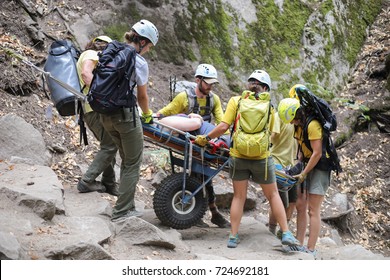 Yosemite National Park, California - September 4, 2017: Emergency Medical Service Workers Rescue A Female Tourist