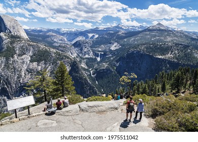 Yosemite National Park, California USA 2021 05 05 People Enjoying The View Of Nevada And Vernal Falls, At Glacier Point.