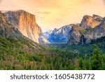 Yosemite National Park overlook at sunset. Panorama of El Captain, Half Dome and Horsetail Waterfall. California, United States.