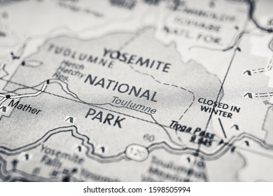 Yosemite National Park USA Map, Atlas Travel Background