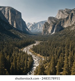 Yosemite Valley is a breathtaking glacial valley in California's Sierra Nevada mountains, renowned for its sheer granite cliffs, majestic waterfalls, and serene natural beauty. - Powered by Shutterstock