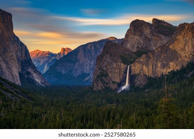 Yosemite Valley and Bridalveil Fall at sunset from tunnel view, California. Long exposure. - Powered by Shutterstock