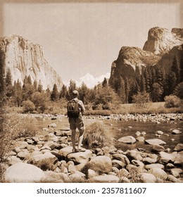 Yosemite Valley in the Yosemite National Park in California, with sepia aged effect