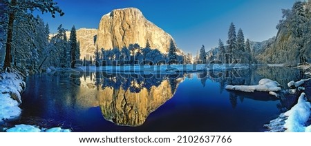 Yosemite winter scenery, snow, peaks, sierra, river, trees, California, 