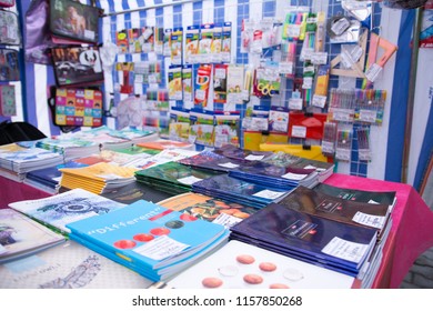 Yoshkar-Ola, Russia - August 16, 2018 Stationary Shop With Office Supplies, Writing Materials And Craft Equipment. Store Aisle With Colorful Stationary Supplies: Paper, Envelopes, Implements.