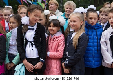 Yoshkar-Ola, Russia - September 1, 2016 Schoolgirls in the city line, dedicated to the beginning of the new school year