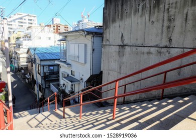 Yotsuya, Japan - January 20 2019: Famous And Iconic Stairs Of Suga Shrine As Seen In Kimi No Na Wa Anime In Yotsuya, Tokyo, Japan 