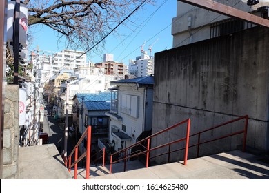 Yotsuya, Japan - January 20 2019: Famous And Iconic Stairs Of Suga Shrine As Seen In Kimi No Na Wa Anime In Yotsuya, Tokyo, Japan

