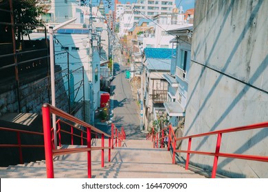 Yotsuya, Japan - March 27 2019: Famous And Iconic Stairs Of Suga Shrine As Seen In Kimi No Na Wa Anime In Yotsuya, Tokyo, JapanKimi No Na Wa Real Life Location. 