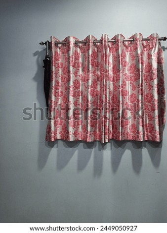 Similar – Image, Stock Photo Space. Wallpaper with forest motif, in the mirror is reflected a red and white chequered curtain and a neon tube. Lost taste, in need of renovation.