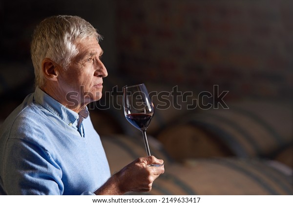 You can tell a lot about a\
wine by its smell. Cropped shot of a senior man wine tasting in a\
cellar.