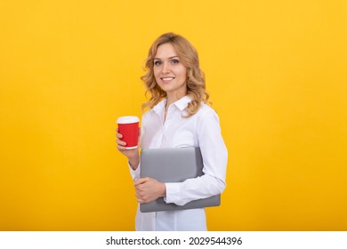 If You Feel Tired Take Break. Happy Career Girl Hold Paper Cup. Tea Break At Work