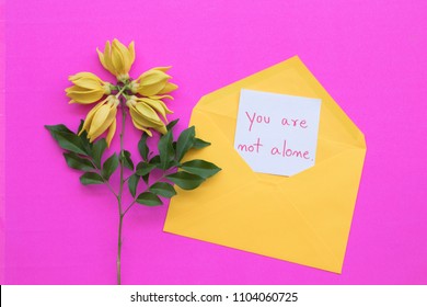 you are not alone message card handwriting in yellow envelope with ylang ylang flower arrangement on background pink