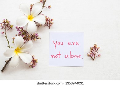 you are not alone message card handwriting with flowers arrangement flat lay style on background white 