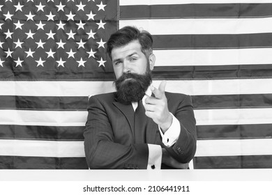 You ready. Publicity agent point finger american flag background. Immigration to USA. Publicity and advertising. Application for citizenship. Publicity board. Publicity for visa application center
