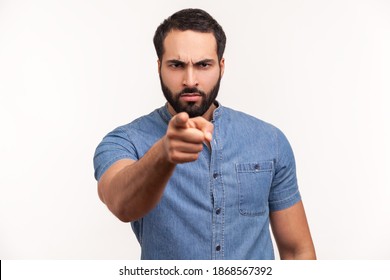 Are You Ready? Serious Bossy Bearded Man Pointing Finger At Camera Choosing You, Scolding And Forcing To Move On. Indoor Studio Shot Isolated On White Background