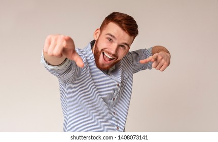 You Are Special! Cool Caucasian Man Suggest Challenge At Camera, Choosing To Compete, Beige Studio Background