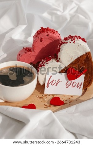 FOR YOU text message paper note card Morning breakfast Valentine's Day Birthday celebration Delicious fresh variety croissants topped with colorful flavor Ganache. Creation unique heart shape bakery