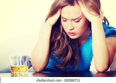 Yound Beautiful Woman In Depression, Drinking Alcohol 