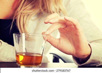 Yound Beautiful Woman In Depression, Drinking Alcohol