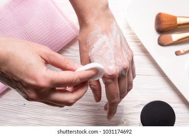 Yound Woman Use Hand Cream, Top View