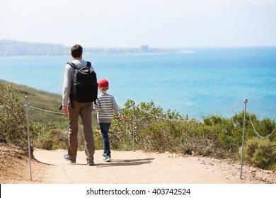Young Active Family Of Two Hiking In Torrey Pines State Natural Reserve, Concept Of Active And Healthy Lifestyle