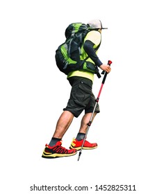 Young Active Man With Backpack And Trekking Sticks Isolated On White Background