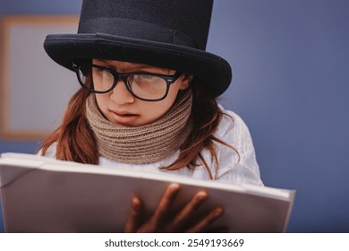 Young actress carefully reading a script while wearing a top hat, glasses, and a scarf, preparing for a theatrical performance