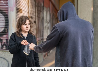 Young Addicted Woman Is Buying Drugs From Drug Dealer.