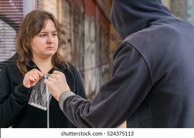 Young Addicted Woman Is Taking White Pills From Drug Dealer.