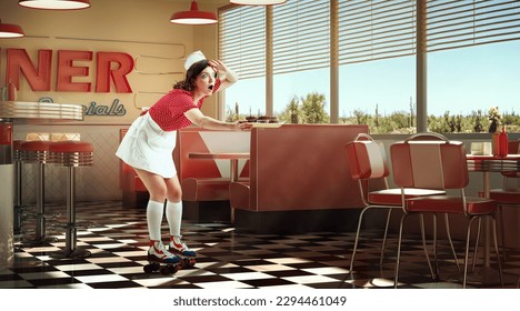 Young adorable girl, waitress in retro style clothes and rollers holding food tray and delivering to clients over 3D model of diner interior, restaurant. Vintage cafe service. Concept of food, art, ad