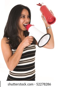 Young Adult African-Indian Businesswoman In Casual Office Outfit With A Megaphone And Fire Extinguisher For A Fire Drill. Shot On A White Background. Not Isolated