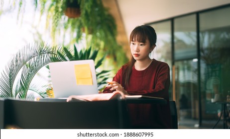 Young Adult Asian College Student Woman Wear Red Sweater. Using Laptop Study And Work Online At Cafe. University People City Lifestyle At Outside From Home On Winter Day.