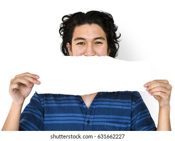 Young Adult Asian Man Holding Blank Paper Cover His Mouth