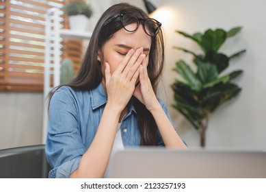 Young Adult Asian Woman Have A Eyes Tired After Overworked Looking At Screen Too Much.