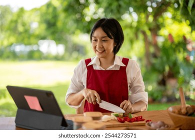 Young adult asian woman wearing a red apron is smiling while looking at a tablet and cutting vegetables on a wooden table outside - Powered by Shutterstock