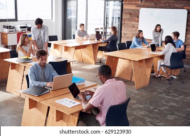 Young adult colleagues working in busy office, elevated view