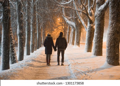 Young adult couple holding each other hands and walking on snow covered sidewalk through alley of trees. Peaceful atmosphere in snowy winter night. Enjoying fresh air. Back view. - Powered by Shutterstock