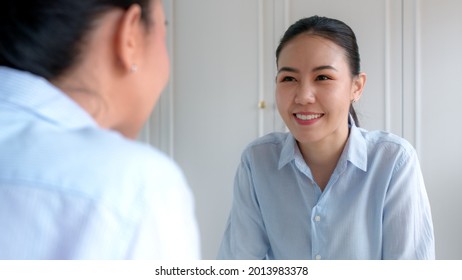 Young Adult Female Asia People Self Love Cheer Up Pep Talk Before Job Interview Deep Breathe Inhale Standing Look In Front Of Mirror Smile At Home In Mental Health Care Or Work Career Stress Relief.