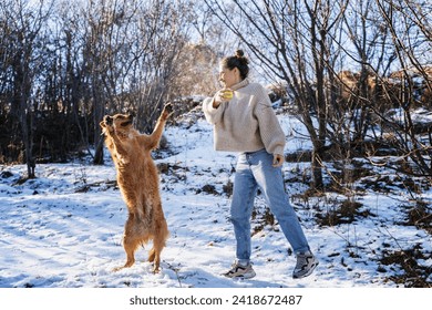 Young adult happy woman playing with her retriever dog using a ball in the garden in early spring