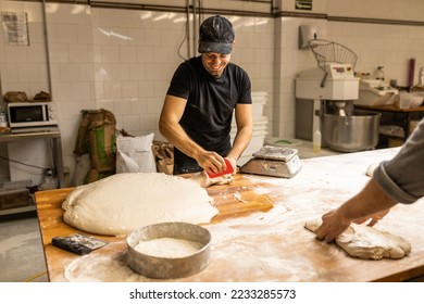 young adult male baker, preparing doughs to make breads on the bakery table, weighing the doughs, bakery school. - Powered by Shutterstock