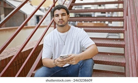 Young adult man with beard sitting on stairs using smartphone outdoors in the city. - Powered by Shutterstock