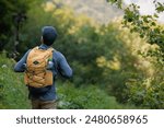 Young adult man with yellow backpack taking a hiking route in admiration of the mountain, pure and wild nature, jungle, natural reserve, national park