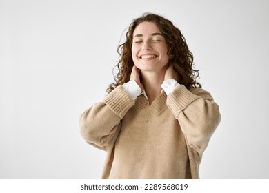 Young adult smiling positive woman model, joyful pretty cheerful cute curly girl student laughing having fun feeling happy healthy standing isolated at white background, authentic candid studio shot.