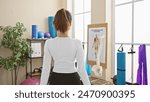 A young adult woman stands in a gym, facing away, surrounded by fitness equipment and anatomy posters.