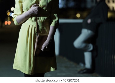 Young Afraid Woman Walking Alone At Night