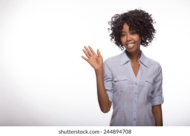 Young African American Black Woman Waving Hand Hello 