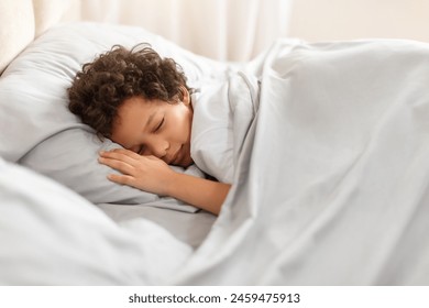 A young African American boy is peacefully sleeping in a bed with crisp white sheets covering him. His head rests on a fluffy pillow as he finds rest and comfort in his surroundings. - Powered by Shutterstock