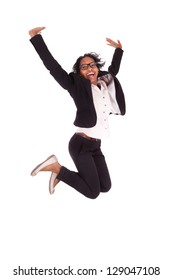Young african american business woman jumping, success concept, isolated on white background